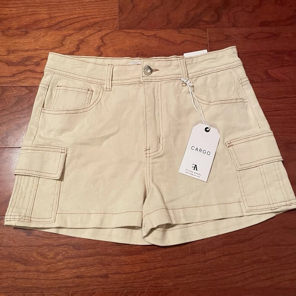 FLYING ANGEL Beige Ecru High Rise Stretch Cargo Shorts Size 31 NWT MSRP$55
